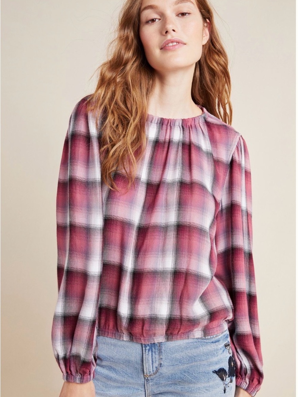 Cloth & Stone Anthropologie Glacier Plaid Blouse Red Pink XS Balloon Long Sleeve